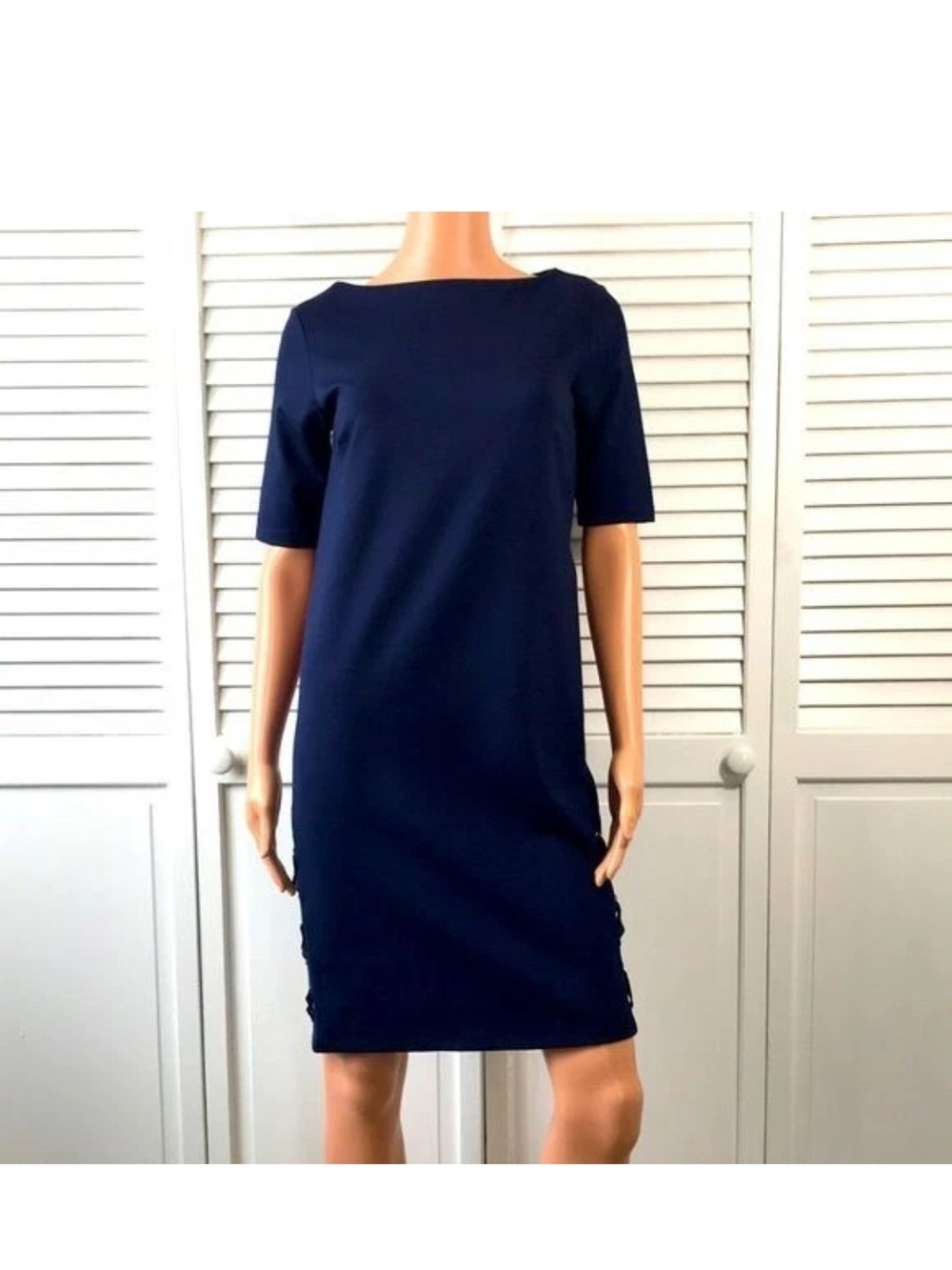 Lauren Ralph Lauren Navy Short-Sleeve Midi Shift Dress